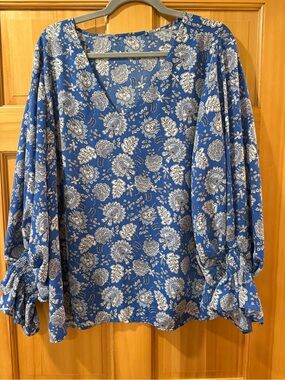 Blue Floral V-Neck Women’s Blouse